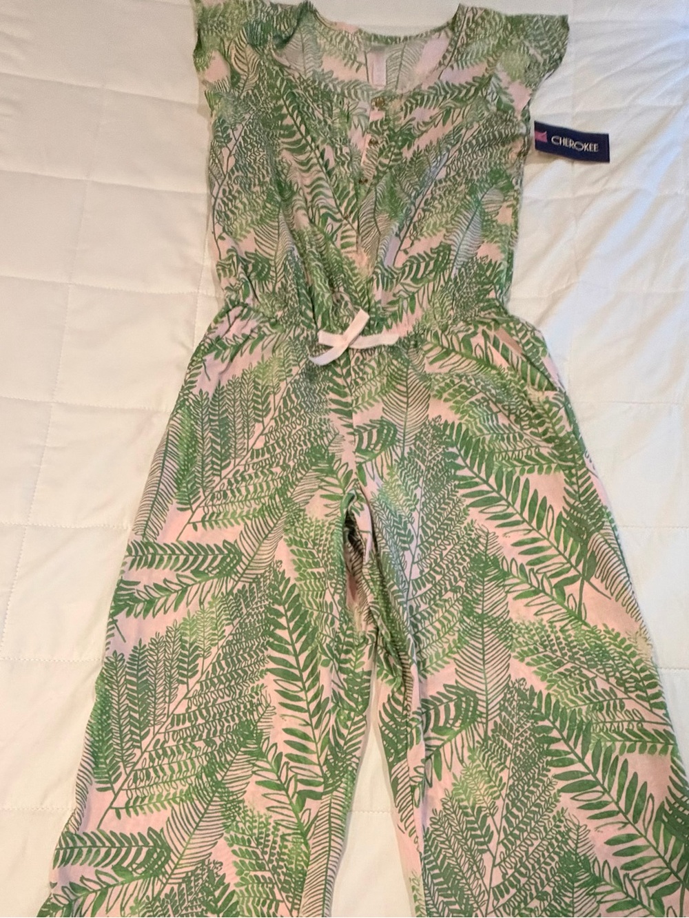 Cherokee Pink Wide-Leg Jumpsuit with Green Leaf Print NWT